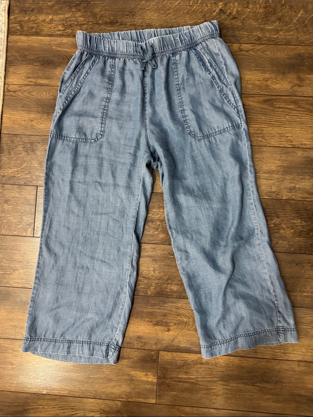 Medium Light Blue Wide-Leg Chambray Denim Pants with Drawstring